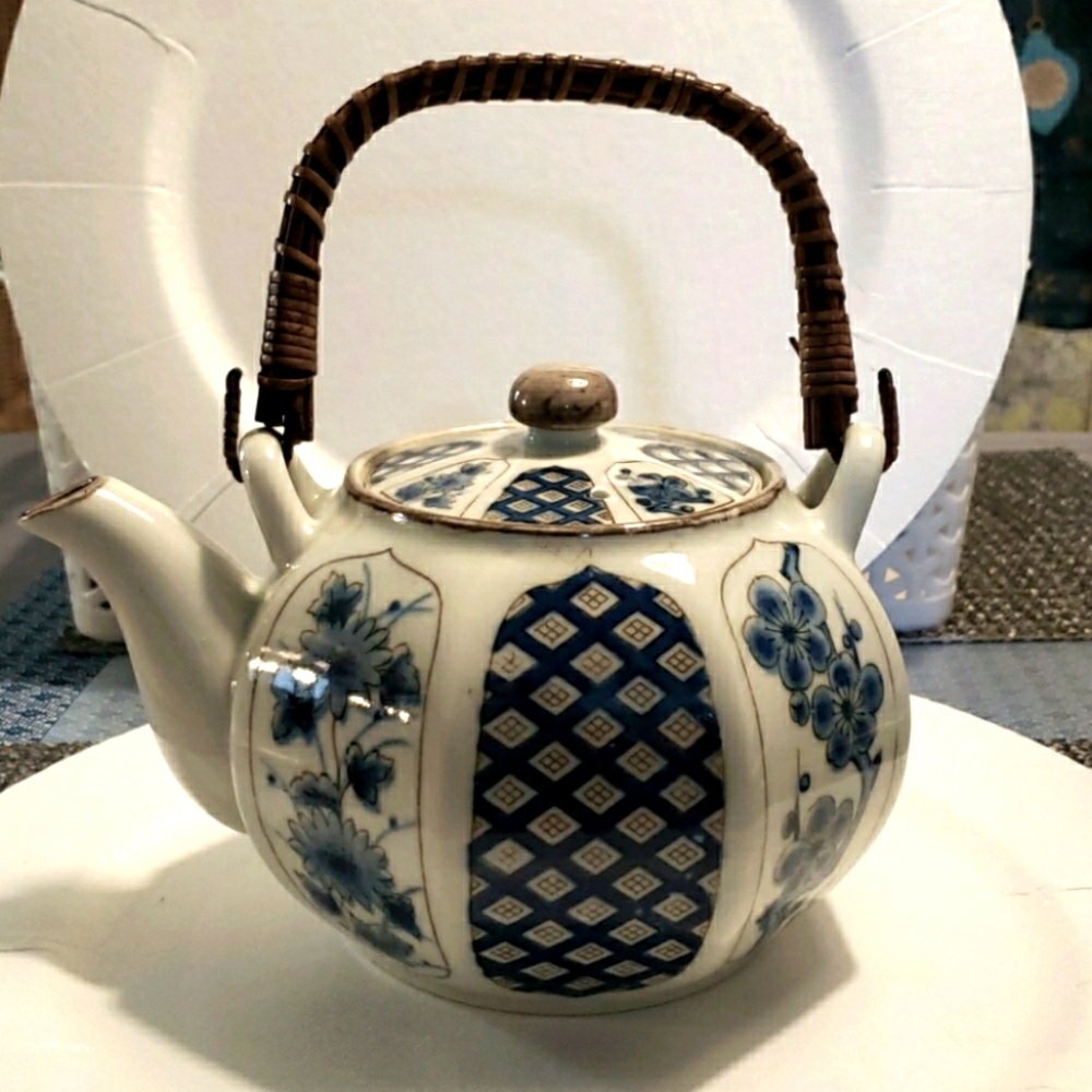Asian Tea Pot with Blue Floral and Diamond Design
